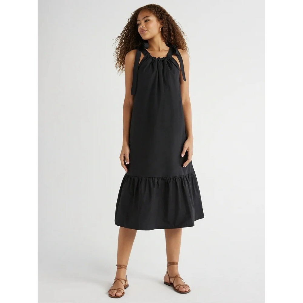 Free Assembly Women's Tie Shoulder Tiered‎ Midi Dress Black Size Medium